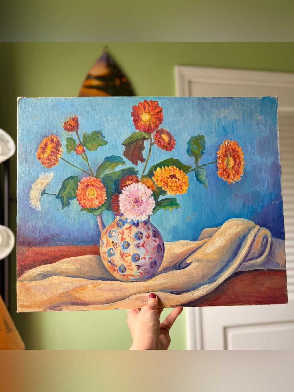 Hand-Painted Floral Still Life Art Florals in Vase Handmade Vintage Art